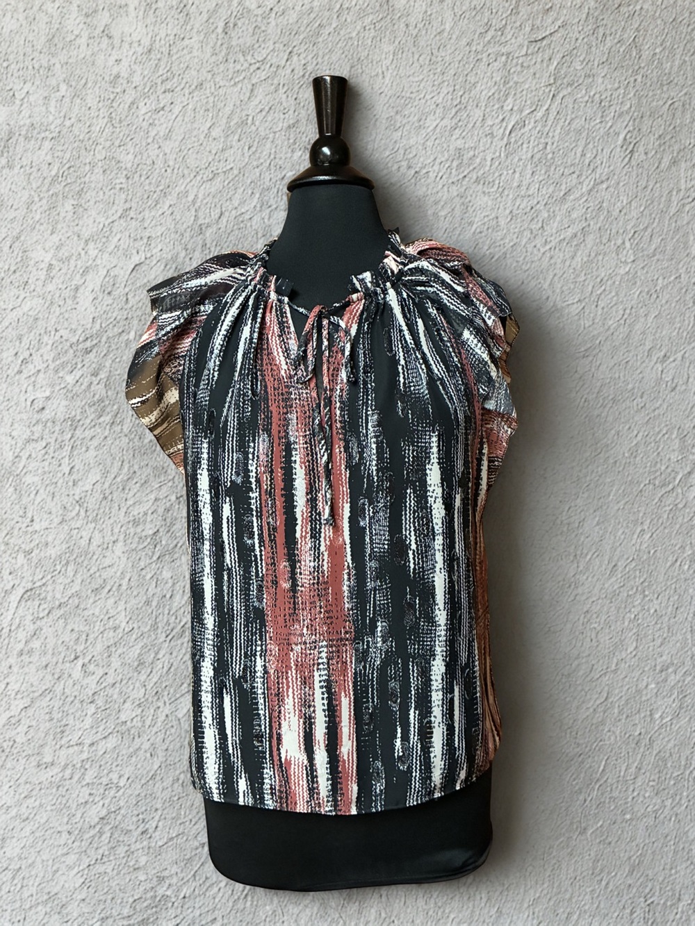 White House Black Market Black and Rust Abstract Ruffle-Neck Sleeveless Blouse
